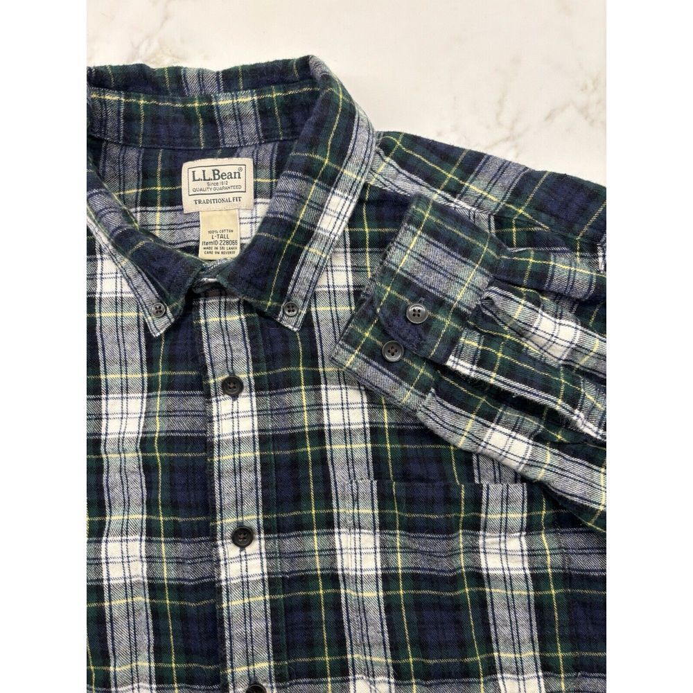 LL‎ Bean Flannel Button Down Shirt Traditional Fit Green Blue Size Large Tall LT